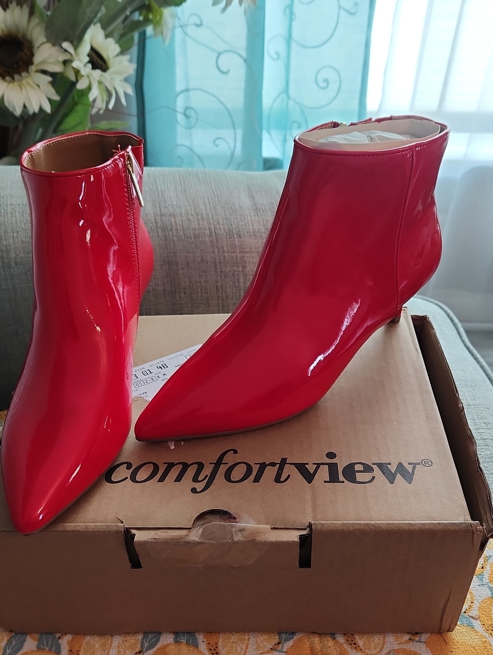 comfortview Red Patent Pointed-Toe Ankle Booties with Side Zipper